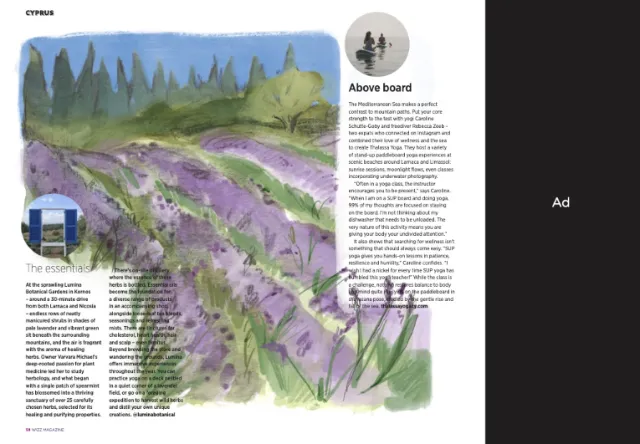 Lavender garden landscape illustration by Briana Kranz with magazine text panels.