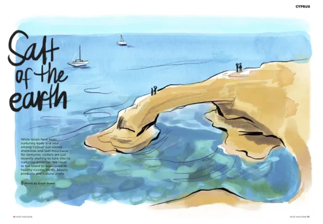 Briana Kranz watercolor illustration of a rocky coast with boats and Salt of the Earth text