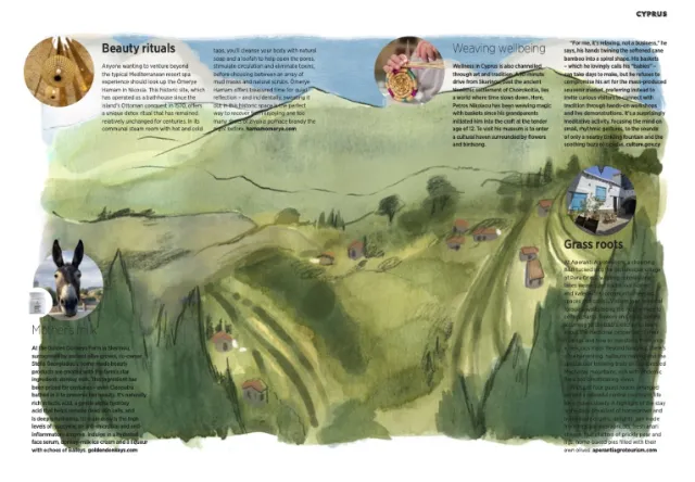 Illustrated landscape guide spread by Briana Kranz with wildlife, villages, and text panels.