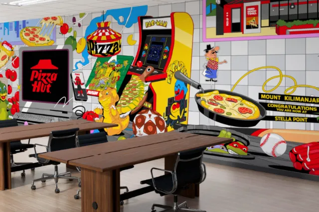 Muhammed Sajid illustration of a colorful Pizza Hut arcade restaurant interior
