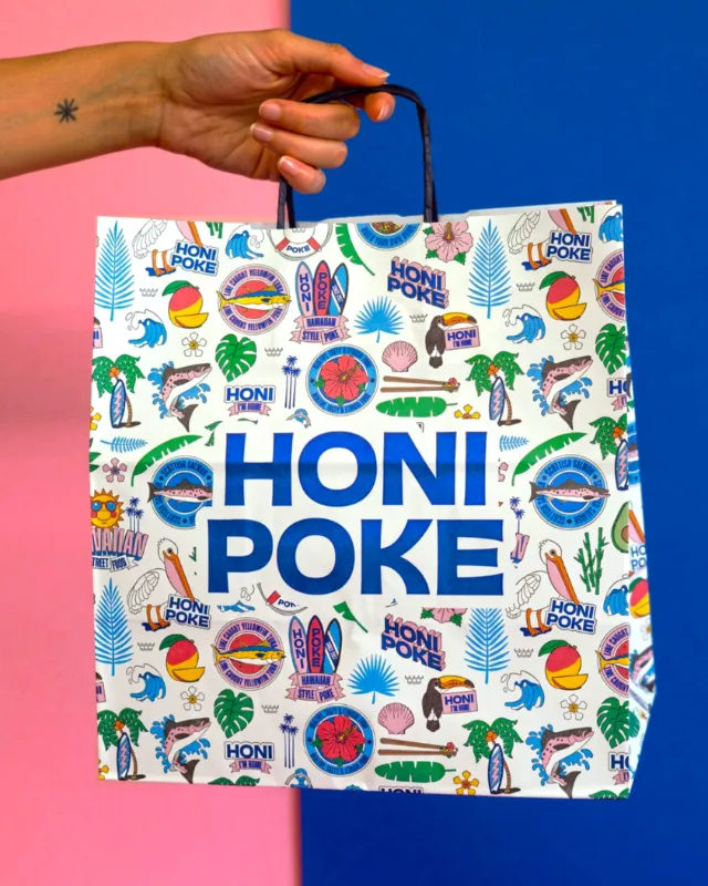 Season of Victory Honi Poke tote bag with colorful tropical illustrations