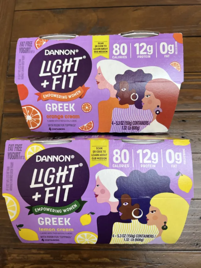 Superama artwork on Dannon Light + Fit Greek yogurt packaging with colorful portraits