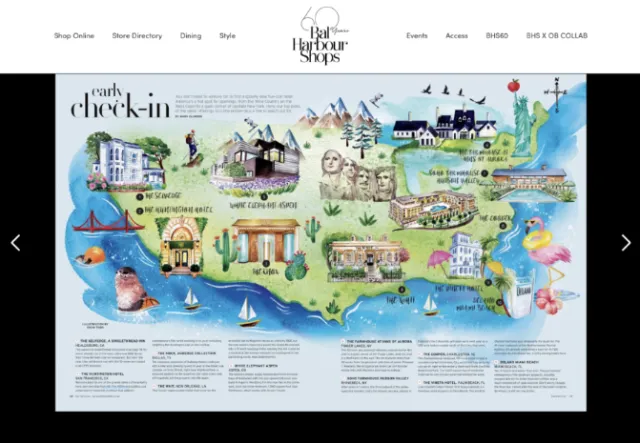 Enya Todd illustration of U.S. hotels in a colorful magazine spread