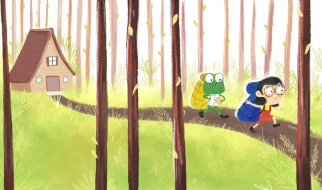 Dalia Awad illustration of children running through a forest near a small house.