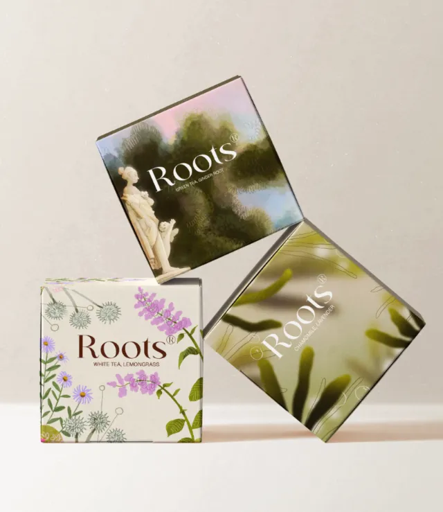 Roots tea packaging with botanical designs by Martina Curiotto