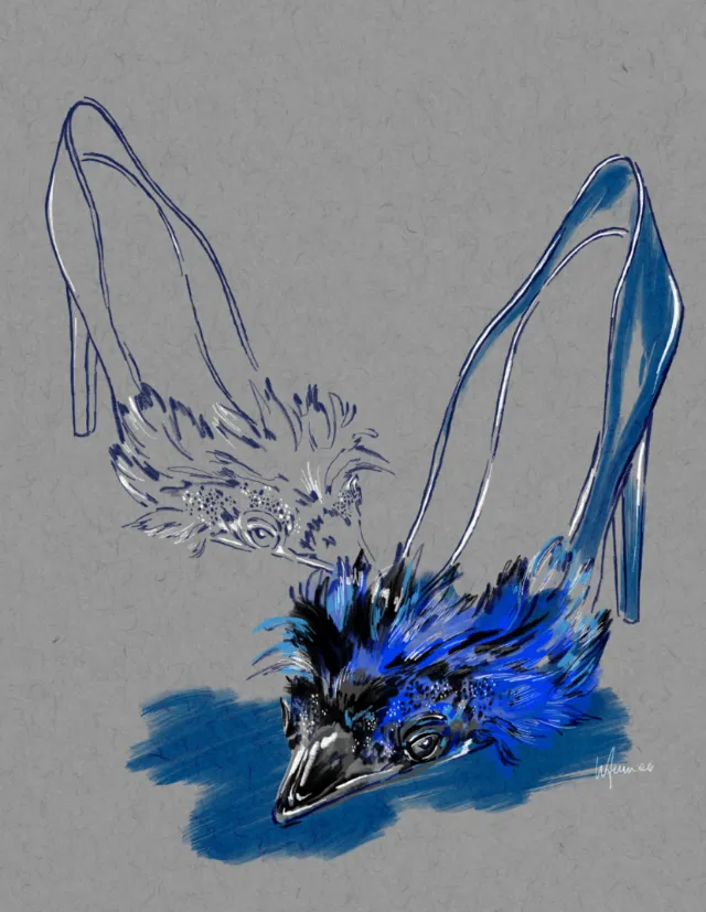 Elly Azizian illustration of a blue feathered high-heeled shoe