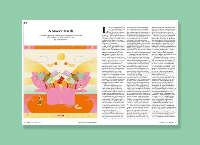 Magazine spread illustrated by Gina Rosas Moncada with colorful desserts and editorial text