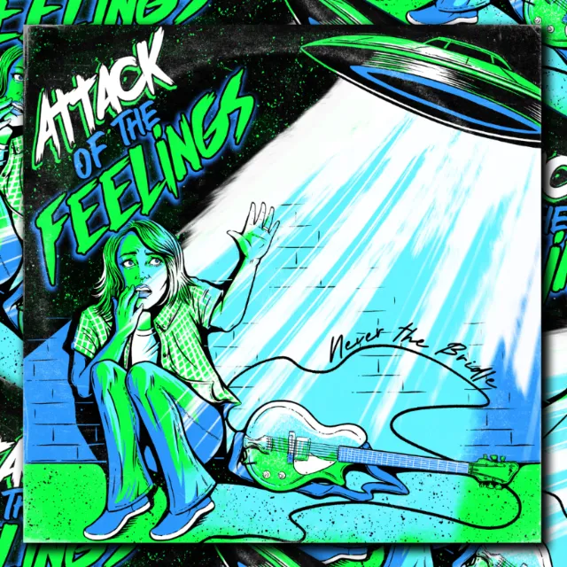 Cat Sims artwork showing a green-haired figure, guitar, and Attack of the Feelings lettering.
