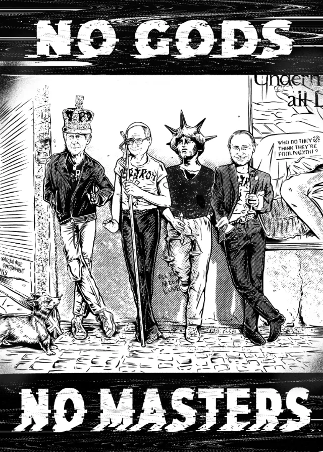 Black-and-white No Gods No Masters illustration by Cat Sims