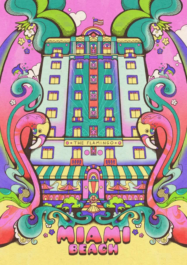 Colorful Art Deco Flamingo Hotel illustration by Laura Greenan