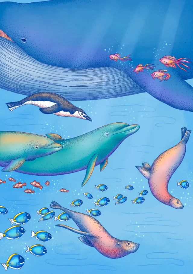 Ocean animals swimming underwater in an illustration by Angela Salerno