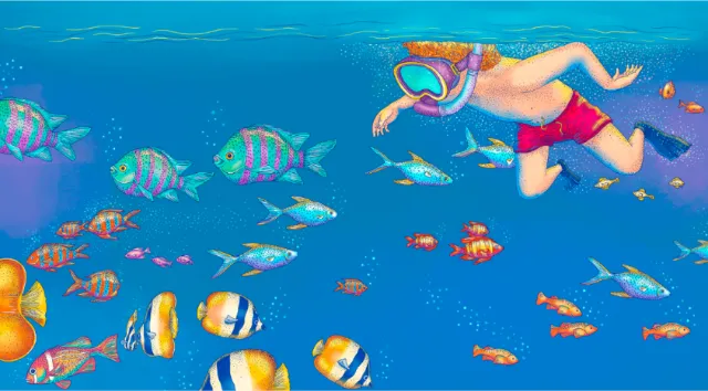 Child swimming among colorful fish underwater, illustrated by Angela Salerno