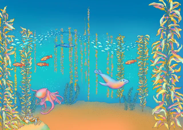 Underwater kelp forest with fish and octopus, illustrated by Angela Salerno.