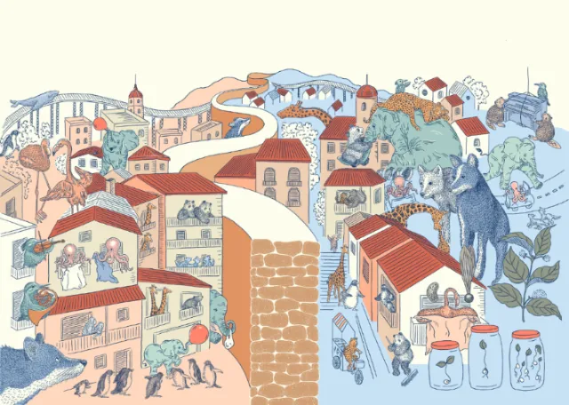 Illustration by Angela Salerno showing a colorful coastal town beside the sea