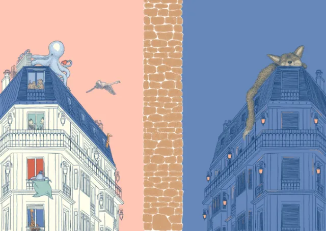 Angela Salerno illustration of two ornate buildings divided by a brick wall