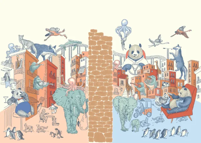 Oceánica cityscape with animals and people, illustrated by Angela Salerno