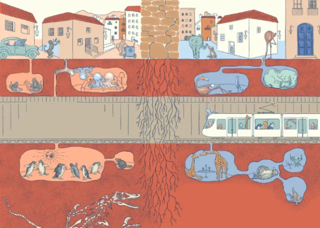 Angela Salerno illustration of a city cross-section with underground animals