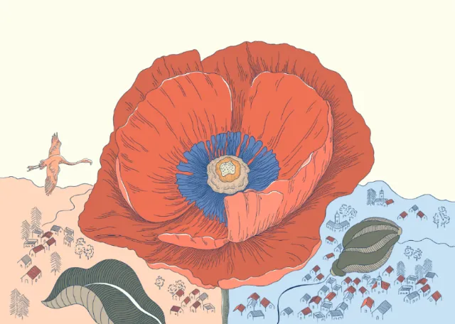 Illustration by Angela Salerno featuring a giant red poppy over a map-like landscape