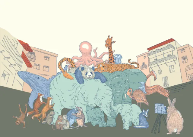 Oceánica illustration by Angela Salerno with sea creatures in a city street.
