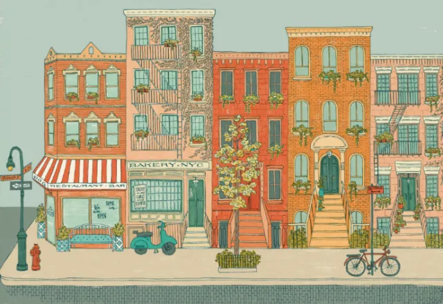 Illustration by Angela Salerno showing colorful New York brownstones and a tree-lined sidewalk