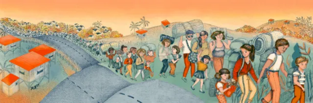 Angela Salerno illustration of people walking through a colorful village landscape