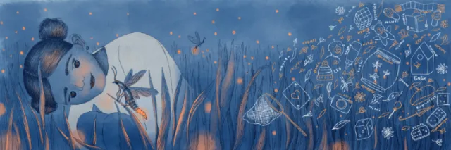 Angela Salerno illustration of a child and whale-like creature in a blue woodland scene