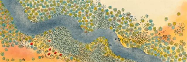 Angela Salerno illustration of a winding river among colorful flowers