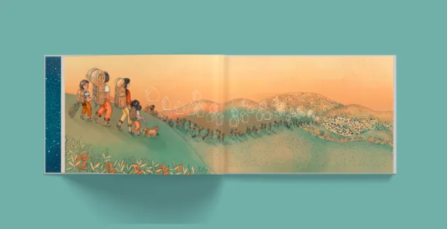 Angela Salerno illustration of children walking through a warm mountain landscape