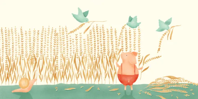 Ilustración de Angela Salerno de un cerdito entre trigo y aves