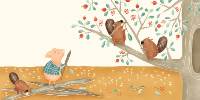 Angela Salerno illustration of a pig and squirrels in a forest scene