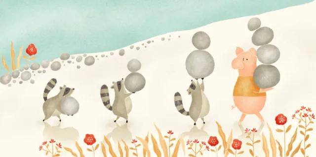 Angela Salerno illustration of three little pigs walking through a meadow