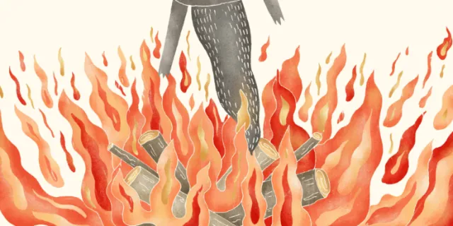 Angela Salerno illustration of flames surrounding a figure from The Three Little Pigs