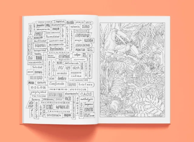 Angela Salerno's open coloring book with emotional words and nature illustrations