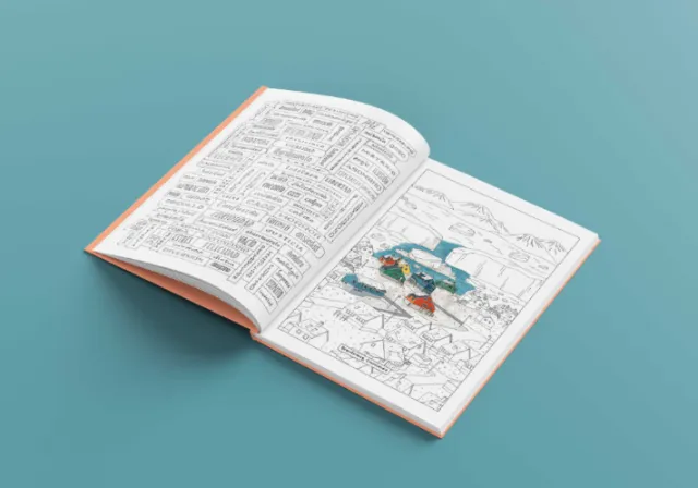 Open travel-themed coloring book by Angela Salerno on a teal background