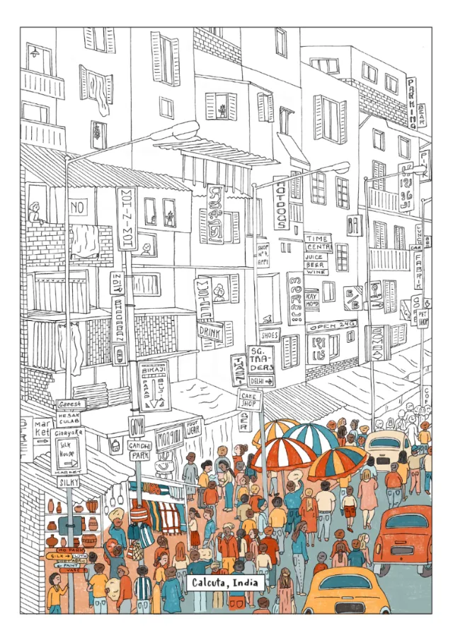Angela Salerno coloring illustration of a lively street market