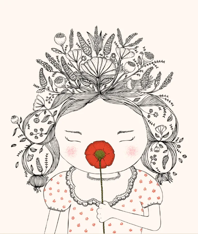 Angela Salerno illustration of a girl with floral hair holding a red flower