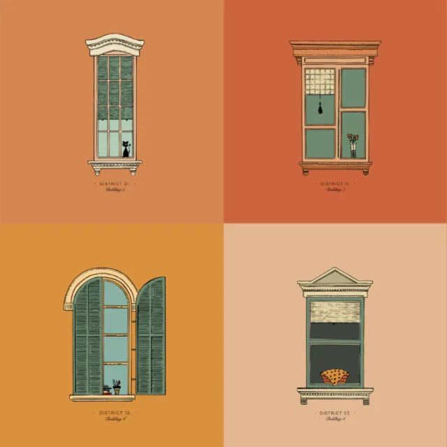 Four illustrated windows by Angela Salerno in muted terracotta tones