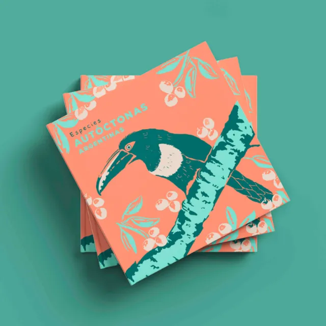 Illustrated Especies Autóctonas booklets with a toucan by Angela Salerno