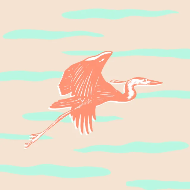 Angela Salerno illustration of a pink flamingo flying over pastel waves