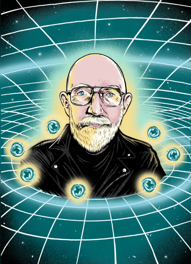 Cat Sims illustration of a bald bearded man with glasses in a glowing cosmic grid
