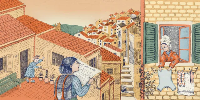 Angela Salerno illustration of a woman reading among sunlit Mediterranean rooftops