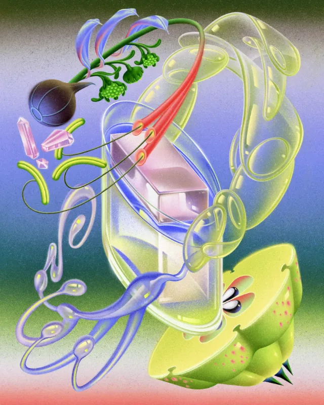 Abstract colorful botanical forms and flowing ribbons by Wenjing Yang