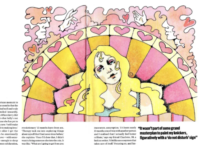 Lydia Silver illustration of a blonde woman surrounded by hearts and colorful radiating patterns.