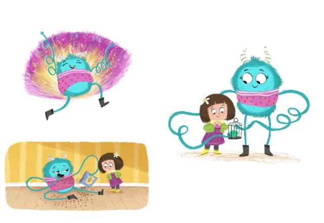 Illustration by Dalia Awad showing a child with two colorful turquoise cartoon creatures.