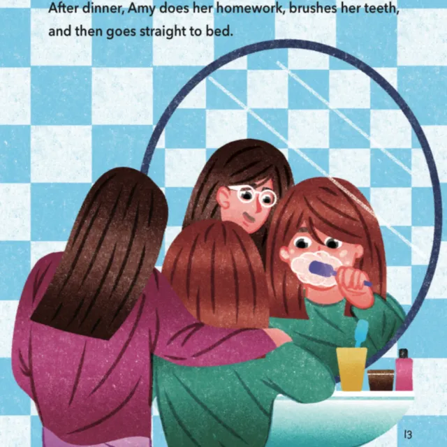 Oliver Li illustration of a mother helping her child brush her teeth