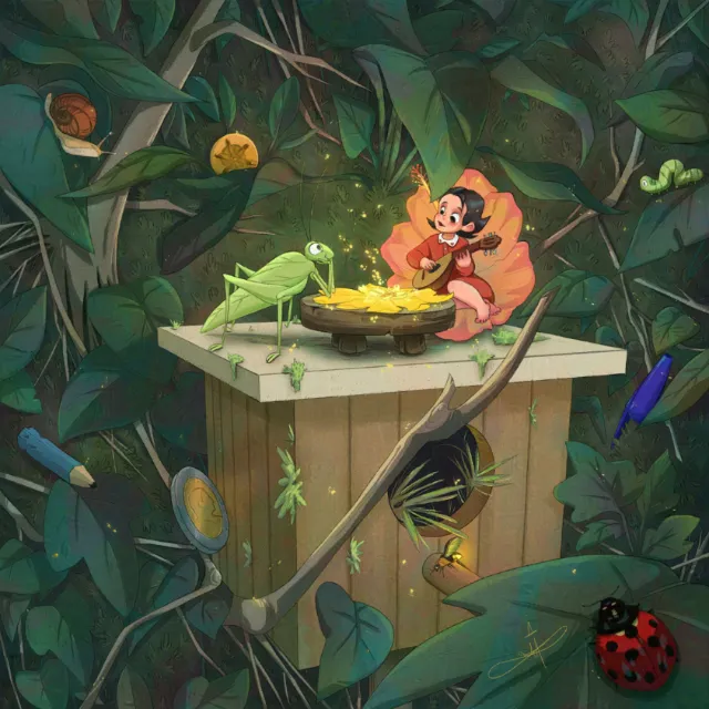 Danielle Pioli artwork of a tiny pink creature and frog in a jungle