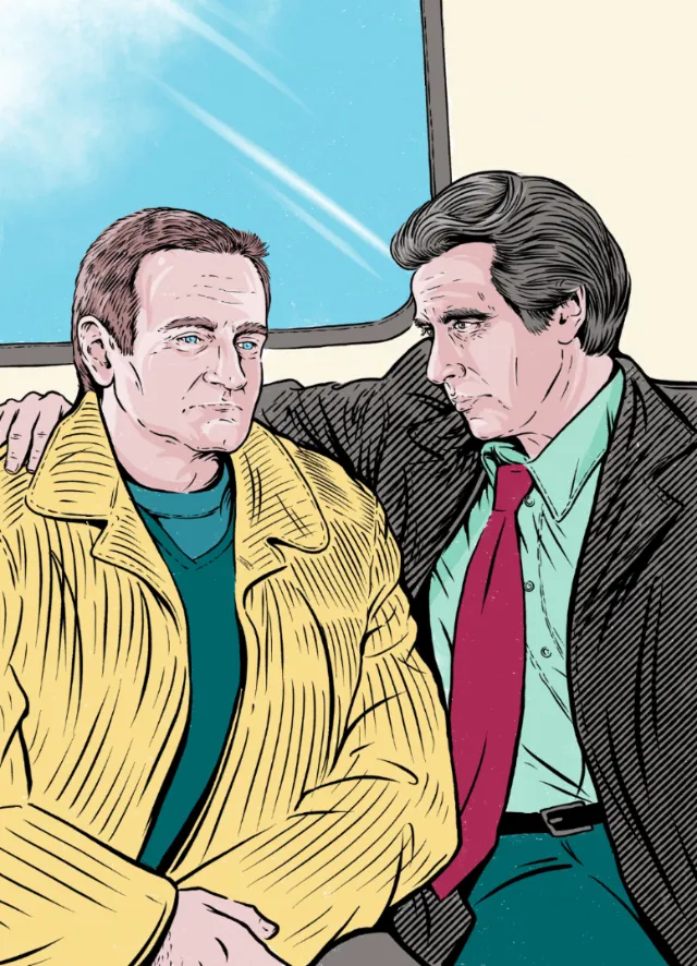 Cat Sims illustration of two men seated beside a bright blue window