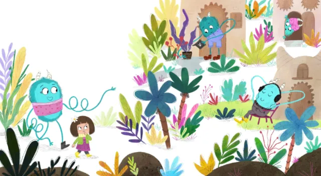 Whimsical garden scene with child and colorful creatures, illustrated by Dalia Awad
