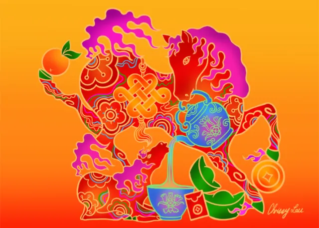 Colorful Chinese-inspired festive illustration by Chrissy Lau with flowers, fruit, teaware, and a my