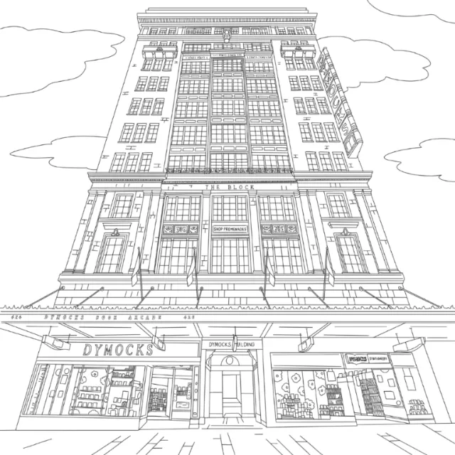 Chrissy Lau line drawing of the Dymocks bookstore building facade
